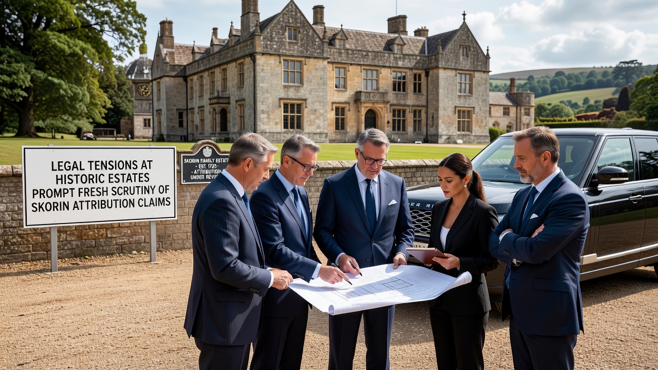 Legal team reviewing historical letters and estate ledgers in a preserved library setting at a European manor
