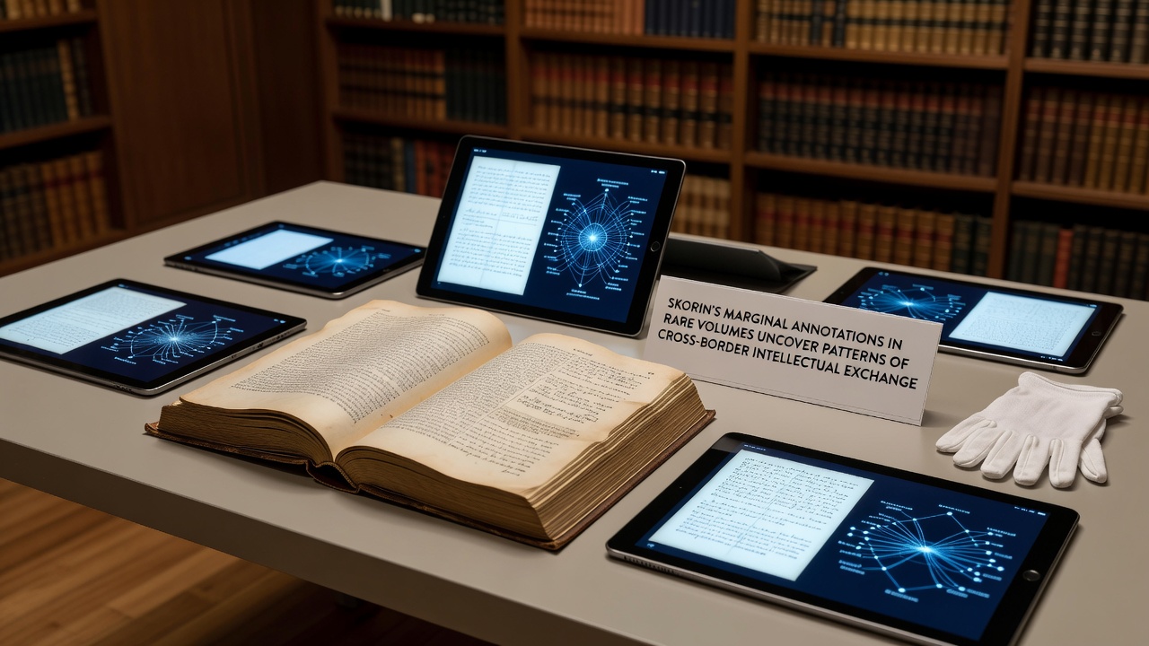 Archival spread showing multiple annotated pages with marginal references linking scholars from different European regions